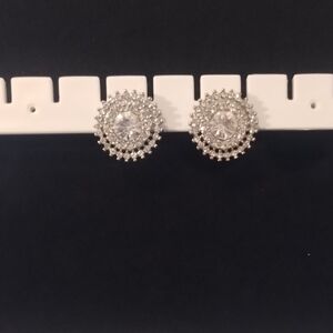 Round Silver Halo Stud Earrings with Clear Crystal Center